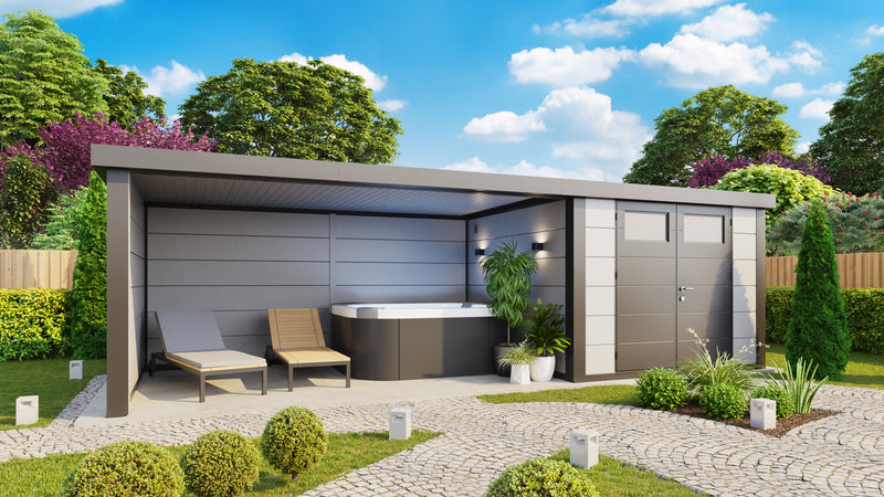 Bolthouse Gartenhaus mit Pergola Large in weiss mit anthrazit details