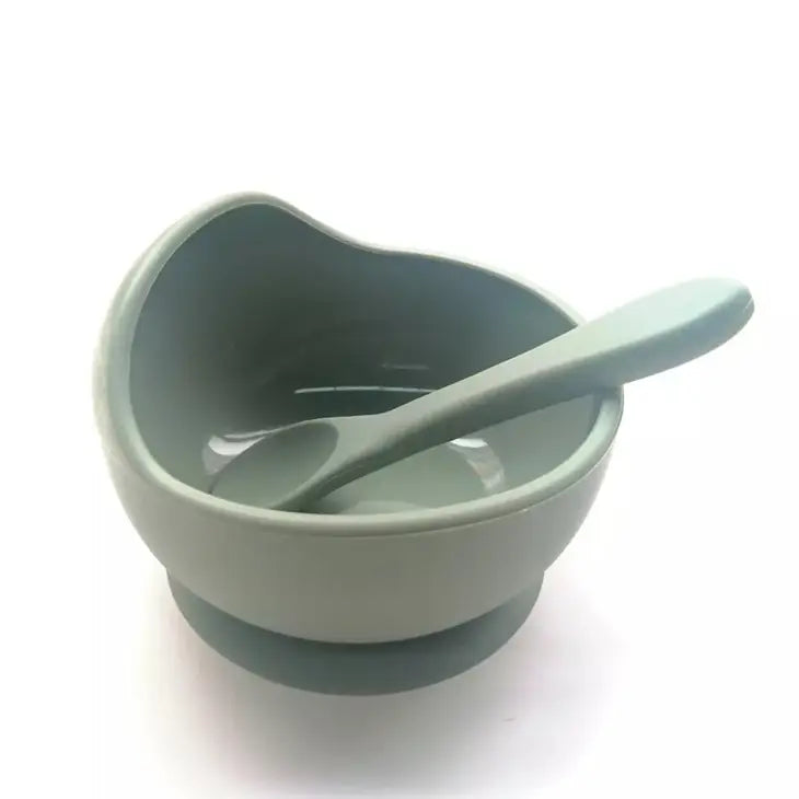 Ciotola in silicone con ventosa e cucchiaio - Salvia
